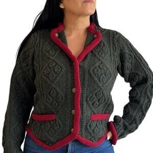 Lands’ End Vintage Shetland Wool Cardigan Green Pink Trim Cable Knit Jacket L